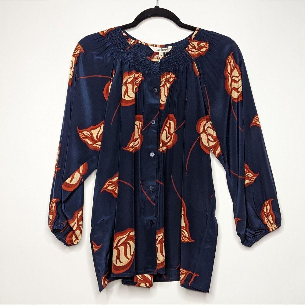 Tucker NYC Classic Blouse Midnight Begonias in Crepe de Chine Silk Top Smock